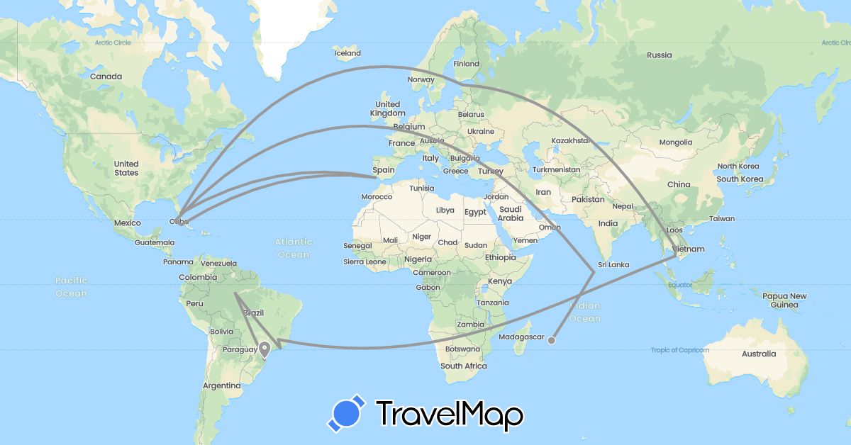 TravelMap itinerary: plane in Brazil, Cuba, Estonia, Cambodia, Mauritius, Maldives, Portugal, United States (Africa, Asia, Europe, North America, South America)